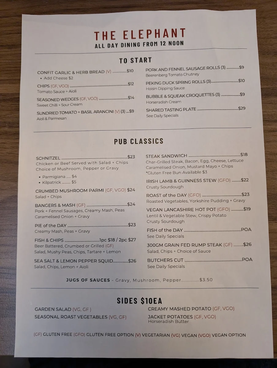 Menu, The Elephant British Pub
