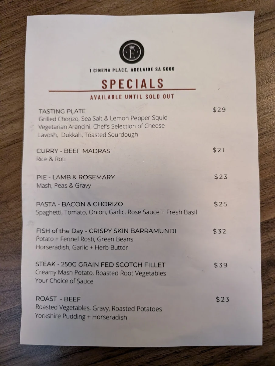 Menu, The Elephant British Pub