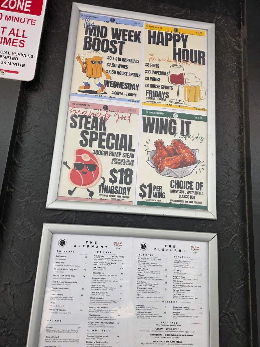 Menu, The Elephant British Pub