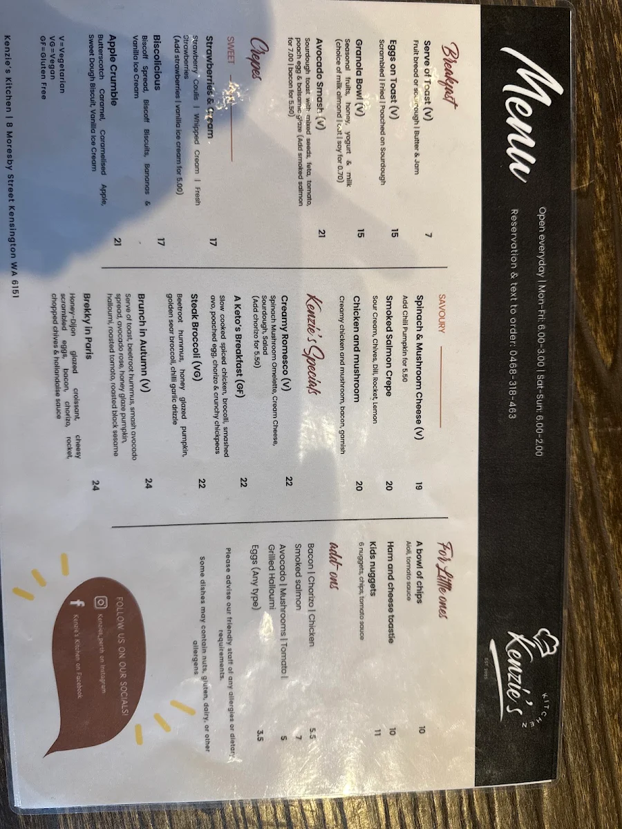 Menu, Kenzie's Kitchen