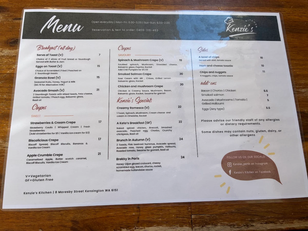 Menu, Kenzie's Kitchen