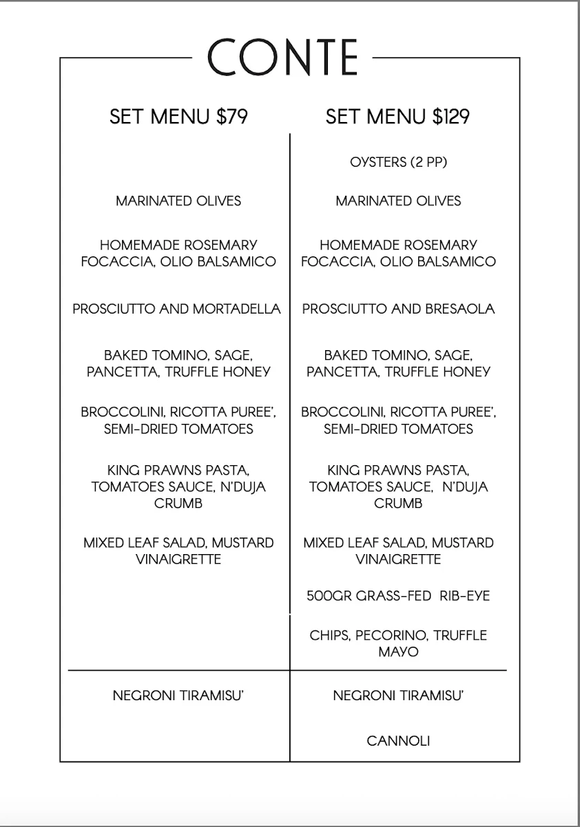 Menu, Bar Conte Surry Hills