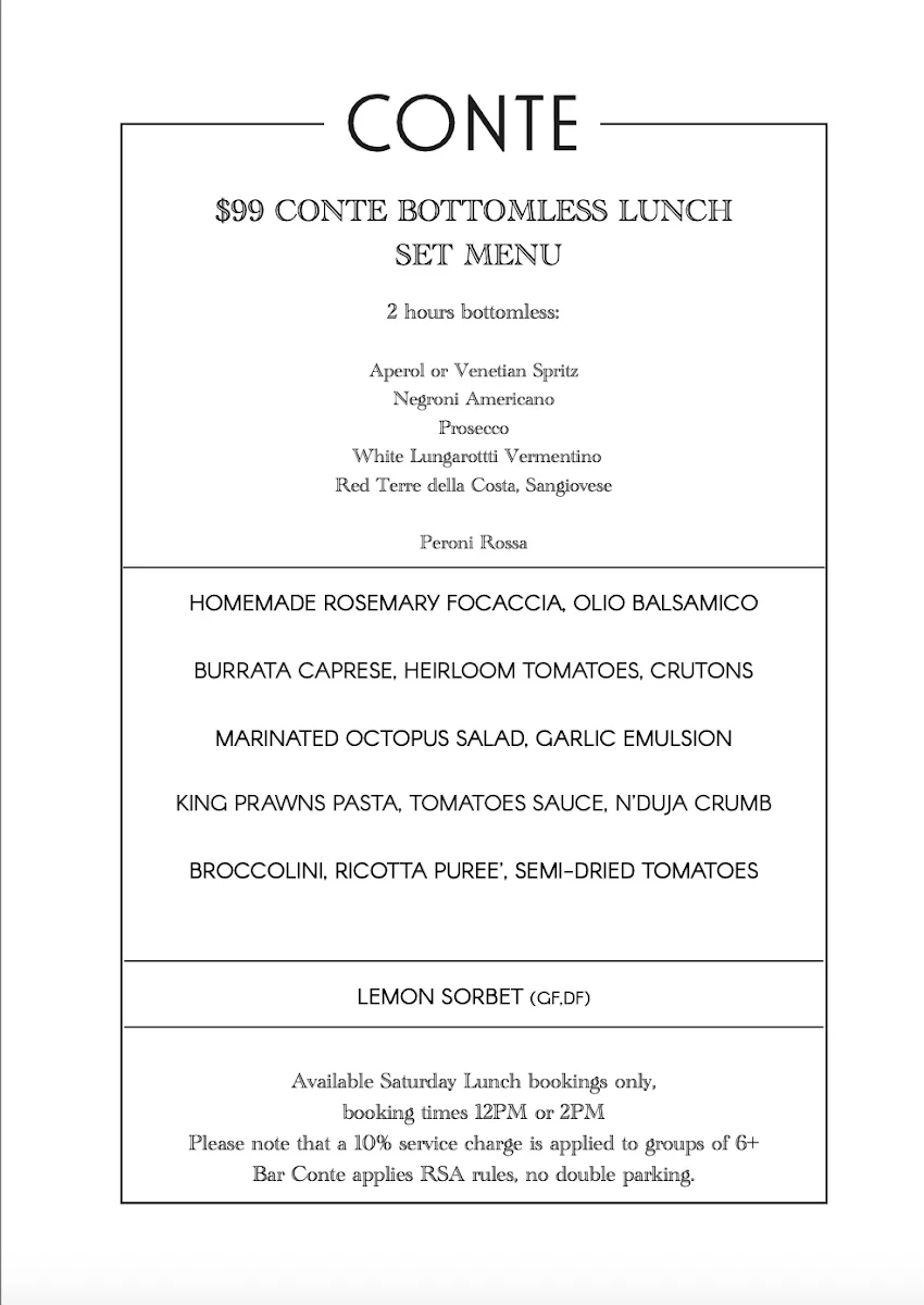 Menu, Bar Conte Surry Hills