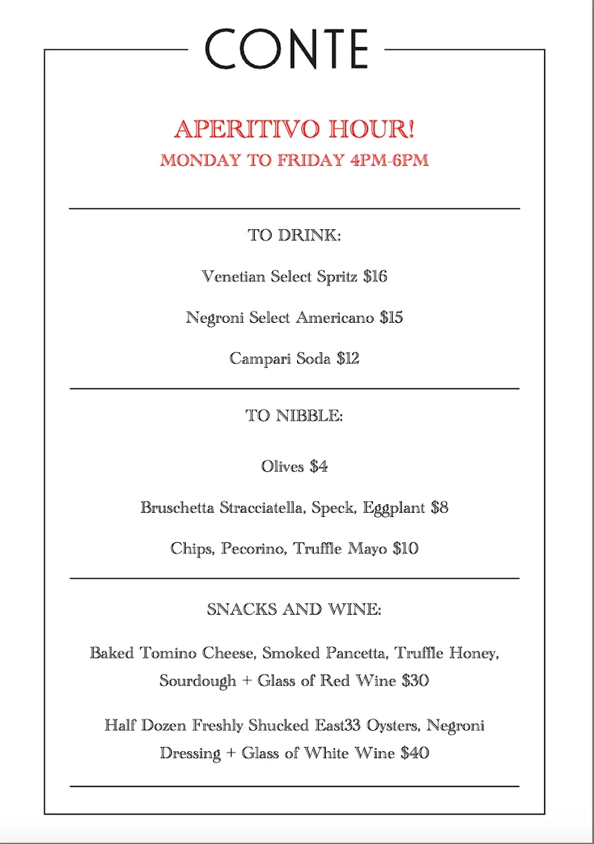 Menu, Bar Conte Surry Hills