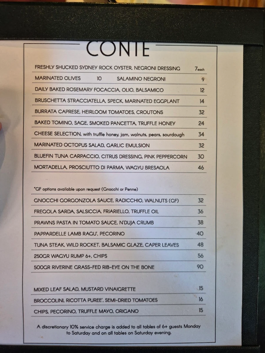 Menu, Bar Conte Surry Hills