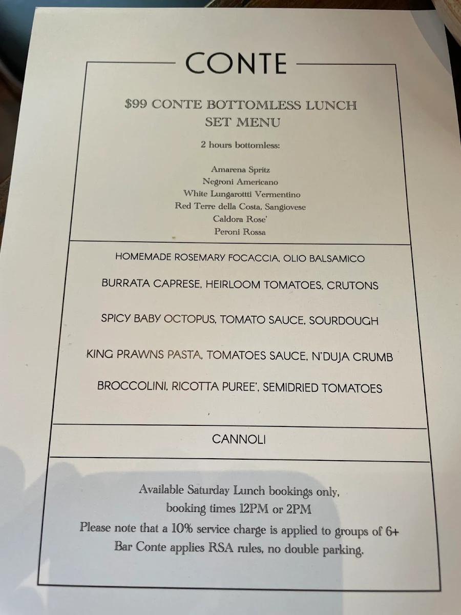 Menu, Bar Conte Surry Hills