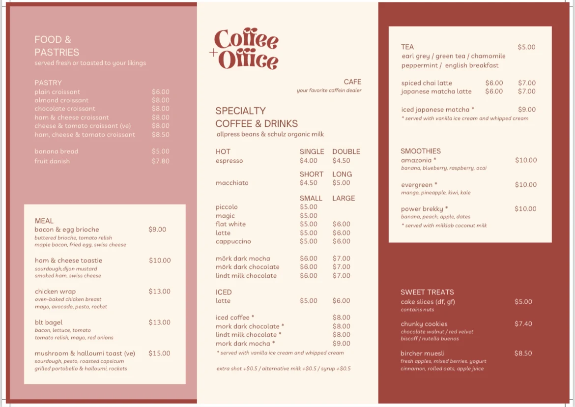 Menu, Coffee Plus Office