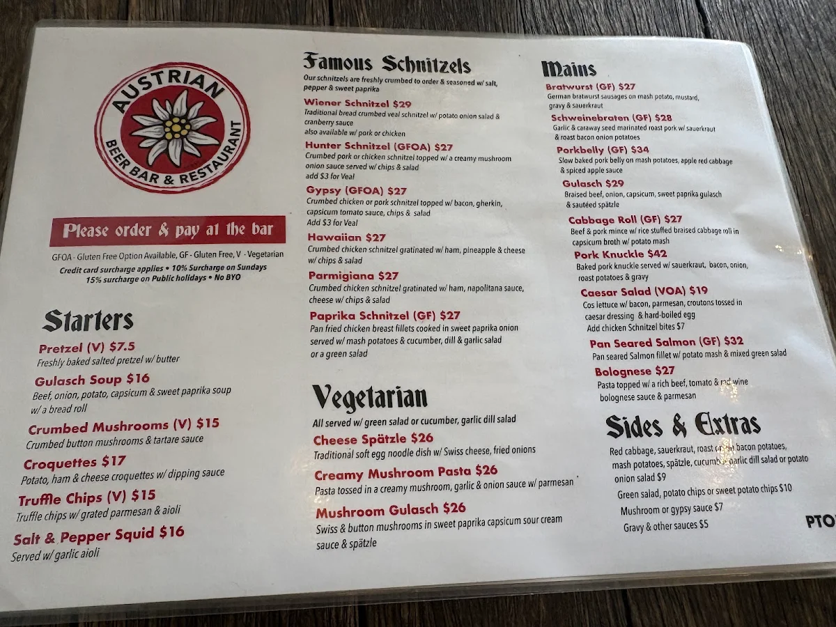 Menu, Austrian Beer Bar & Restaurant