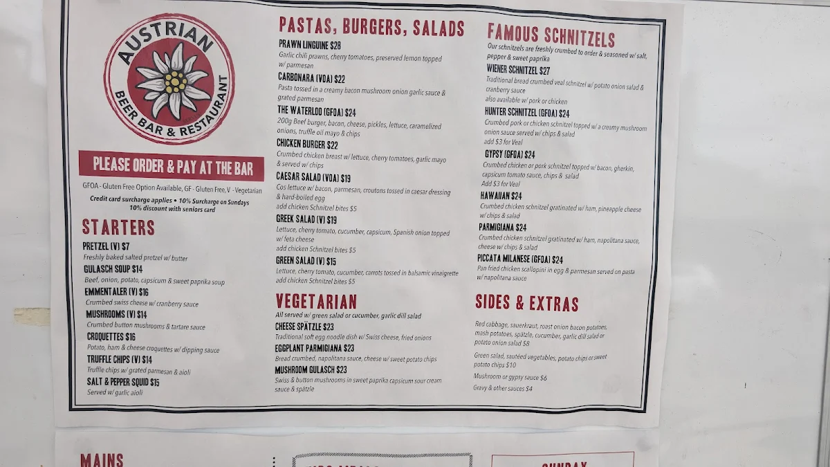 Menu, Austrian Beer Bar & Restaurant