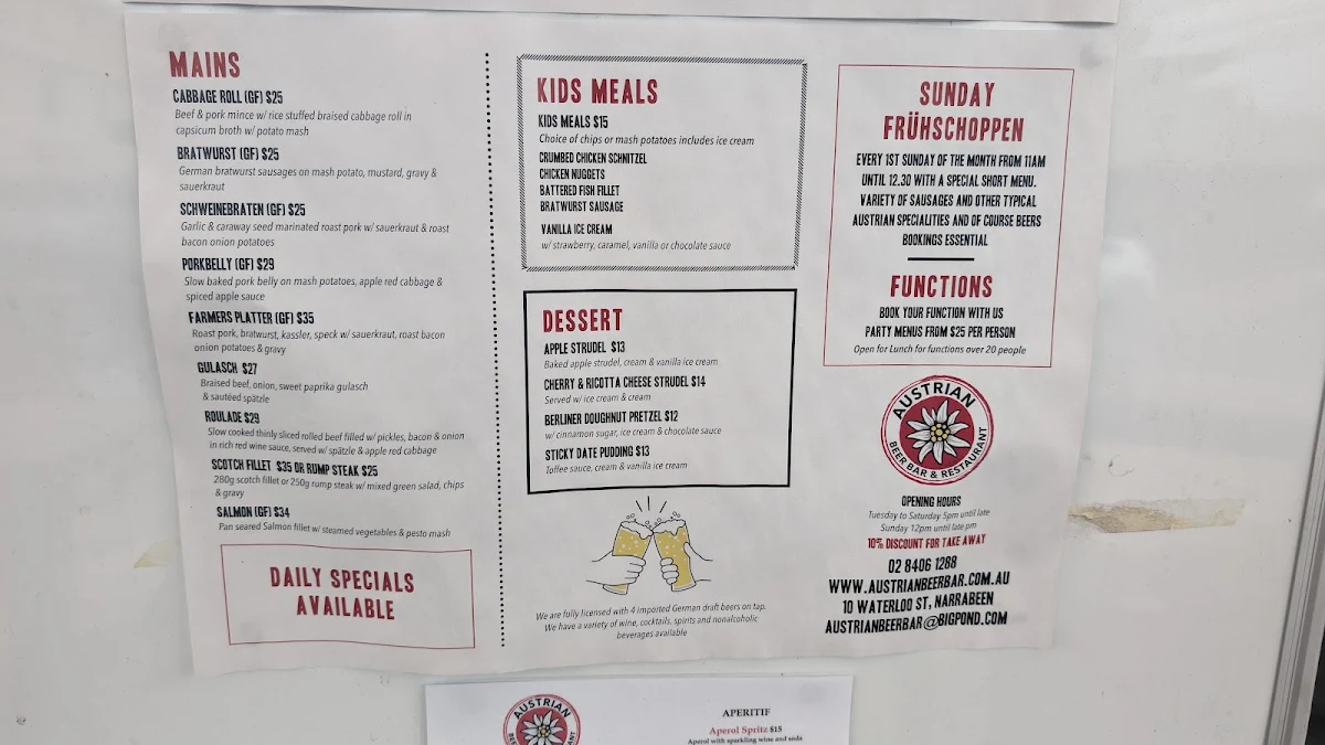 Menu, Austrian Beer Bar & Restaurant