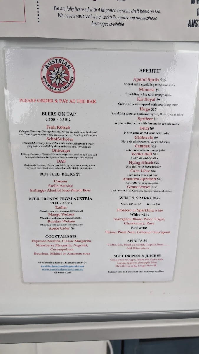 Menu, Austrian Beer Bar & Restaurant