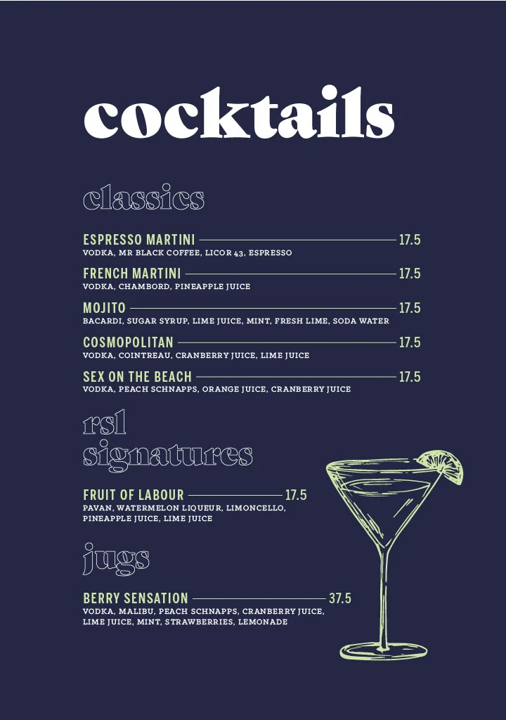 Menu, Wagga RSL Club