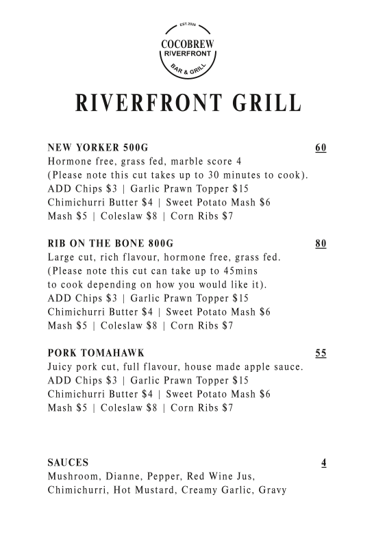 Menu, Cocobrew Riverfront