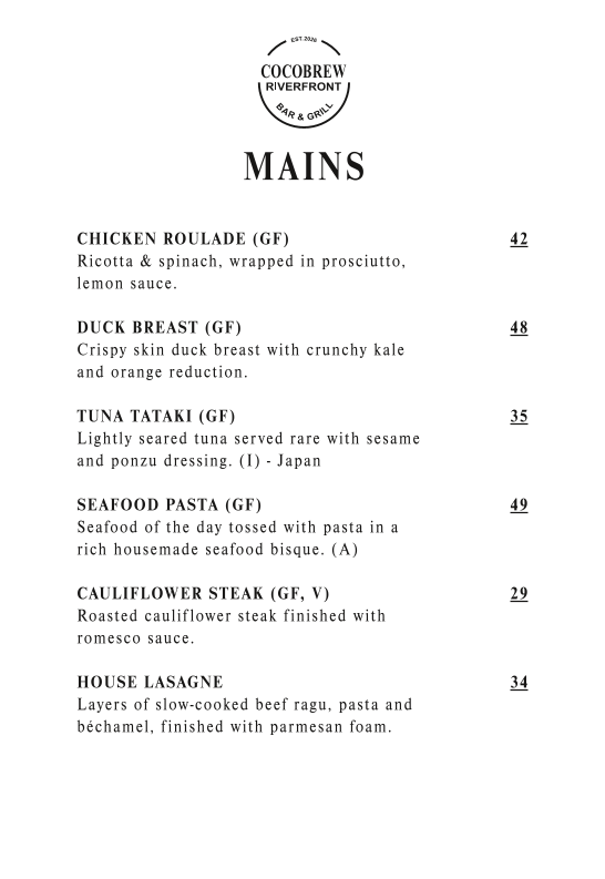 Menu, Cocobrew Riverfront