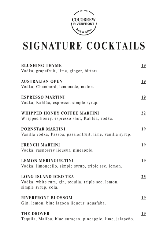 Menu, Cocobrew Riverfront
