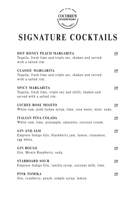 Menu, Cocobrew Riverfront