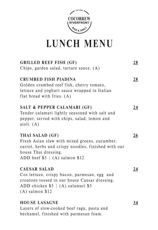Menu, Cocobrew Riverfront