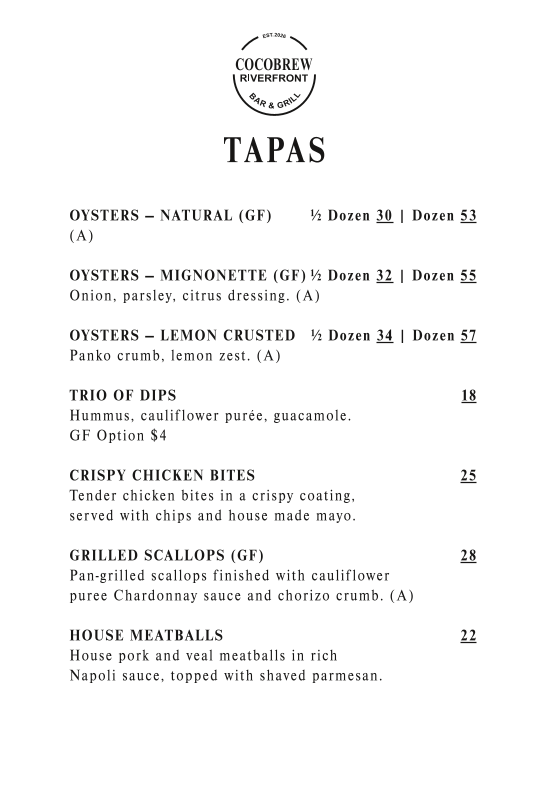 Menu, Cocobrew Riverfront