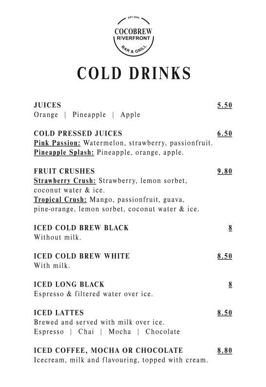 Menu, Cocobrew Riverfront
