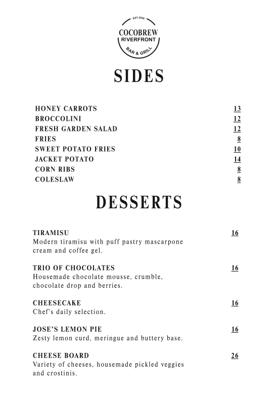 Menu, Cocobrew Riverfront