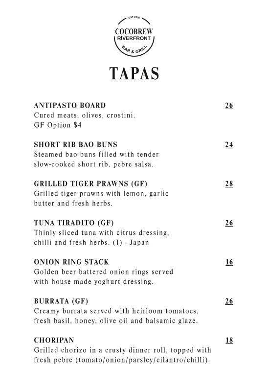 Menu, Cocobrew Riverfront