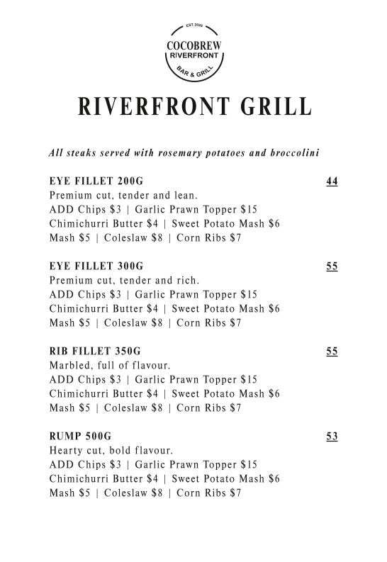 Menu, Cocobrew Riverfront