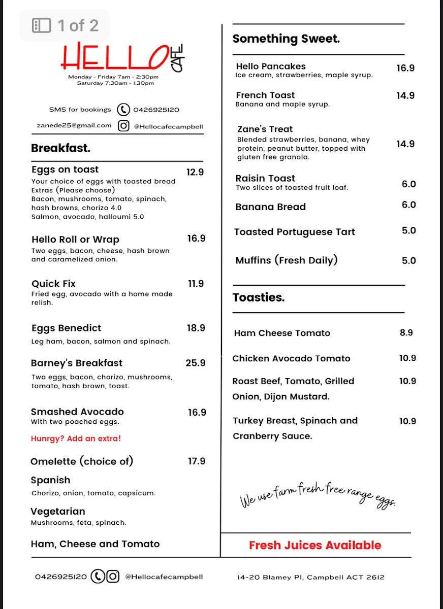 Menu, Hello Cafe