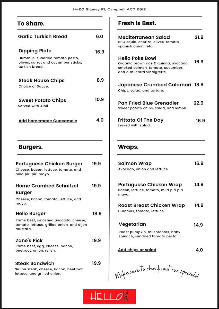 Menu, Hello Cafe