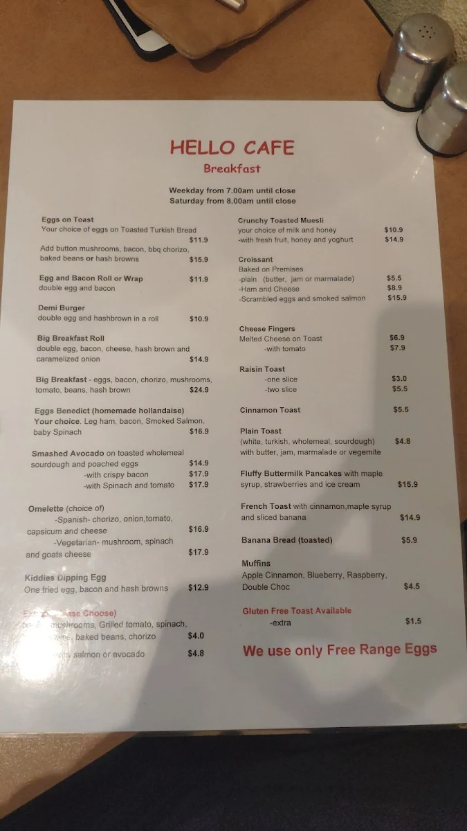 Menu, Hello Cafe