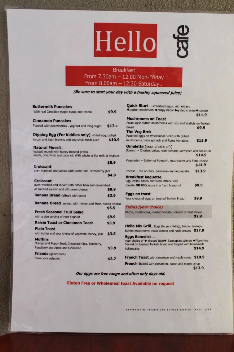 Menu, Hello Cafe