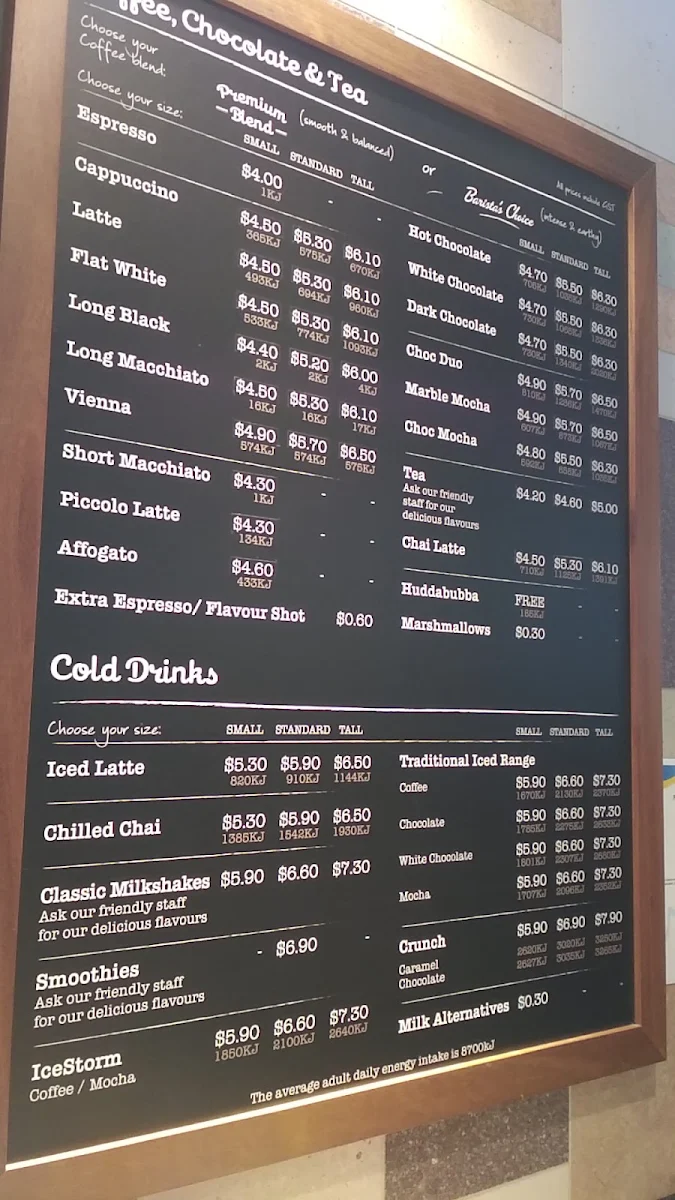 Menu, Hudsons Coffee (Brisbane International Airport)