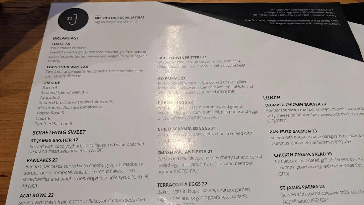 Menu, St James Richmond