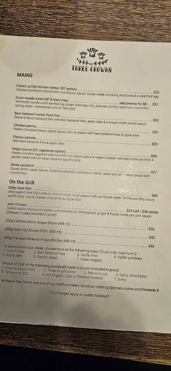Menu, Three Crowns Hotel