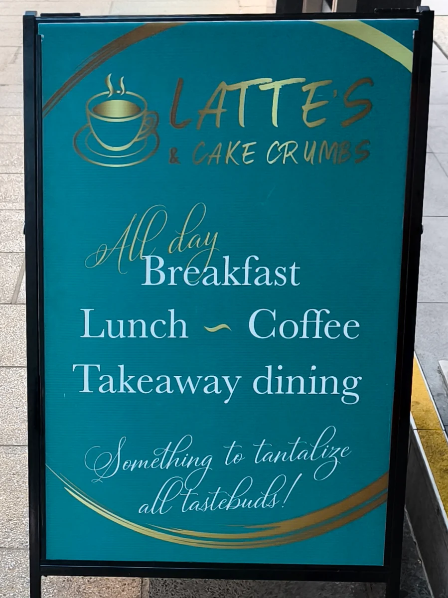 Menu, Latte’s & Cake Crumbs Cafe