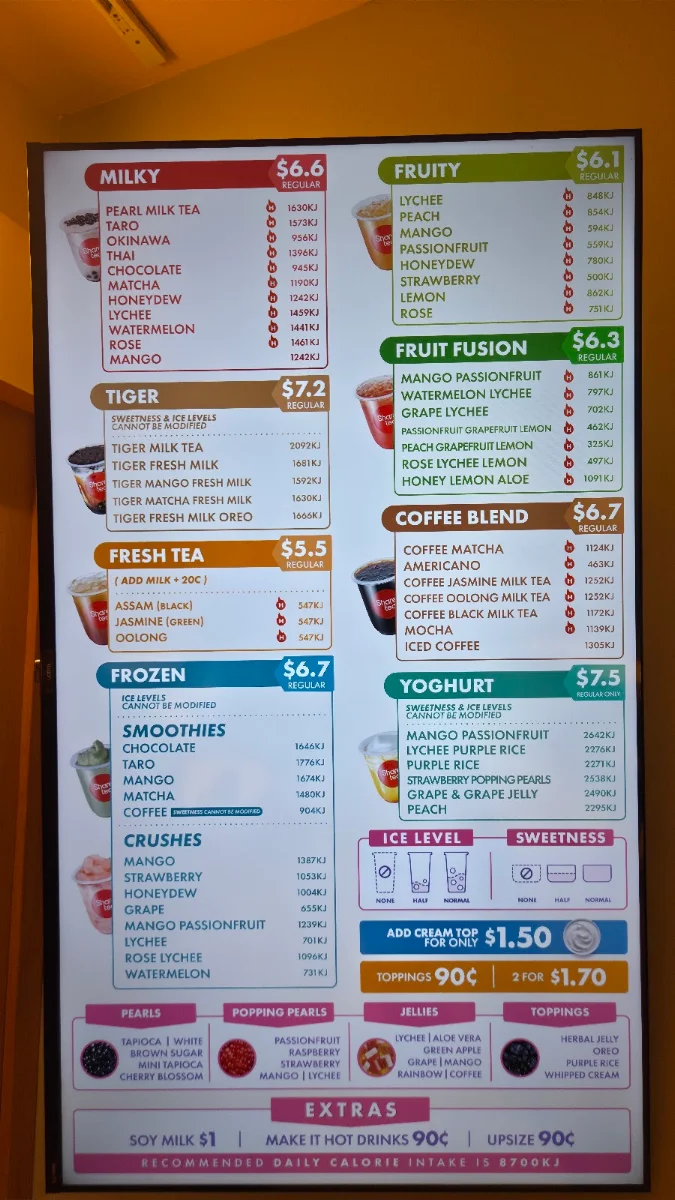 Menu, Sharetea Glen Waverley