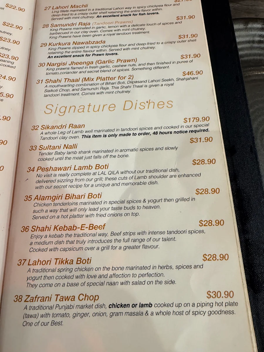 Menu, Lal Qila Darling Harbour