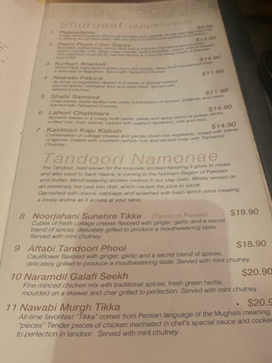 Menu, Lal Qila Darling Harbour