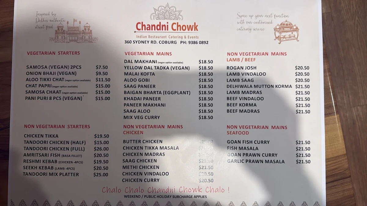 Menu, Chandni Chowk Indian Restaurant
