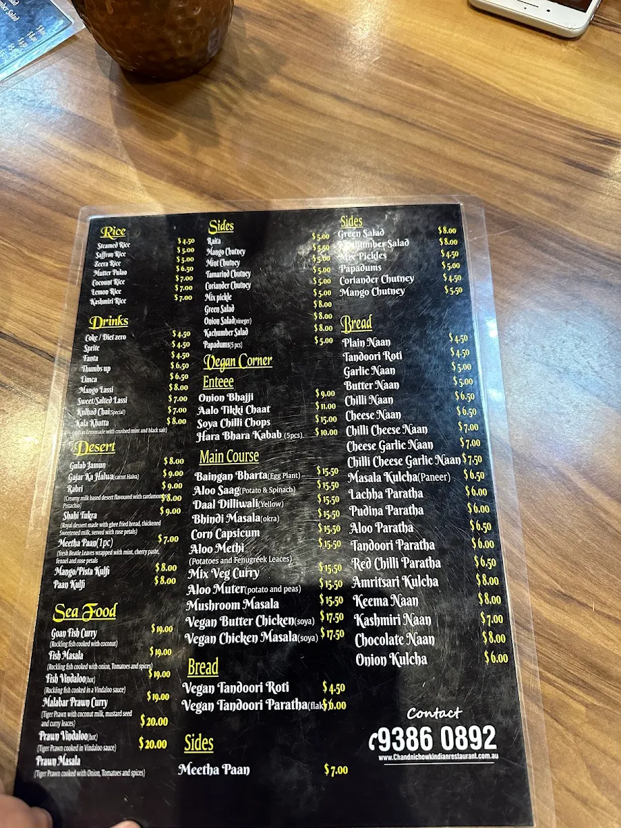 Menu, Chandni Chowk Indian Restaurant
