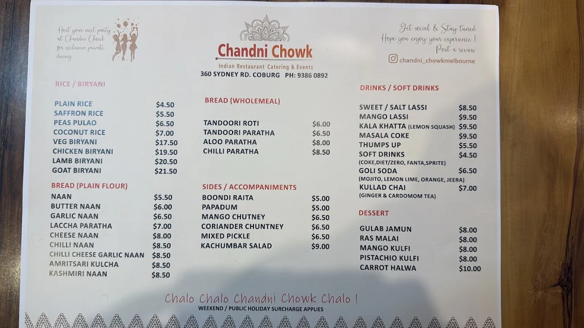 Menu, Chandni Chowk Indian Restaurant