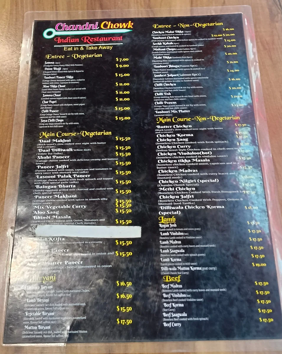 Menu, Chandni Chowk Indian Restaurant