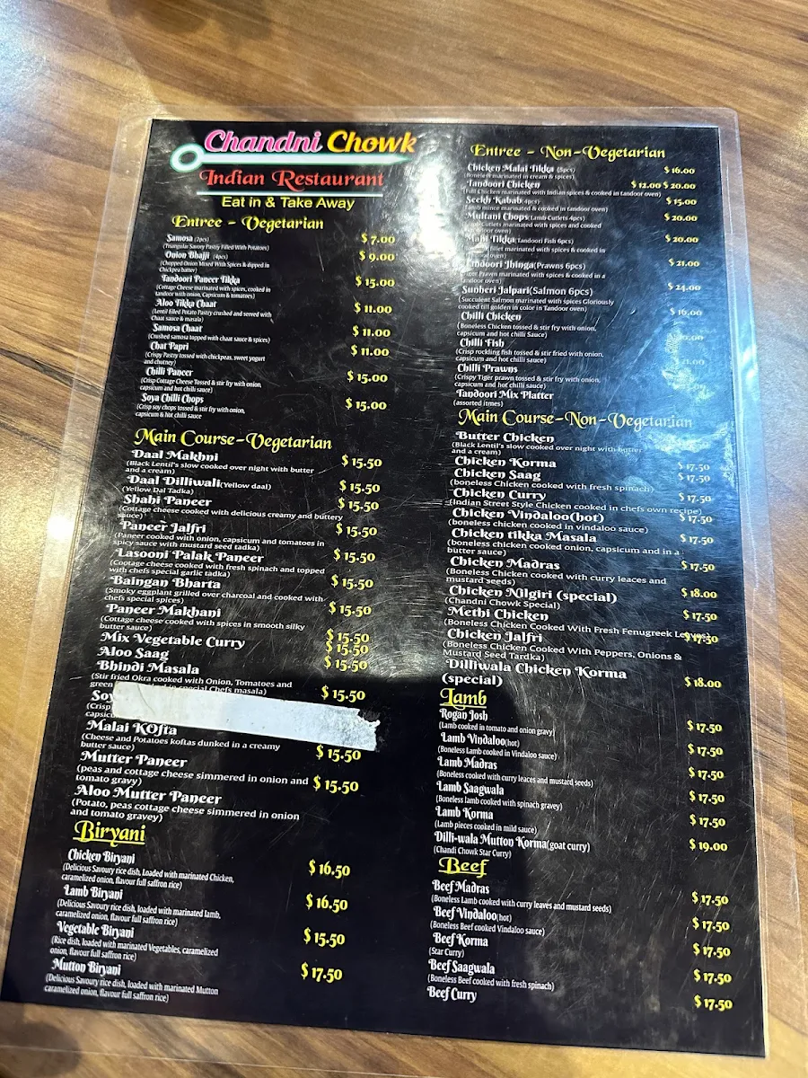 Menu, Chandni Chowk Indian Restaurant
