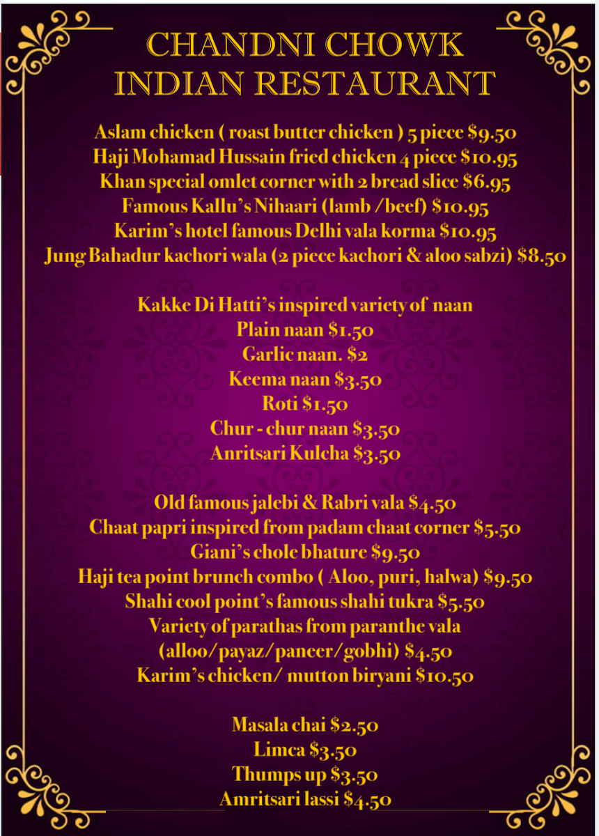 Menu, Chandni Chowk Indian Restaurant