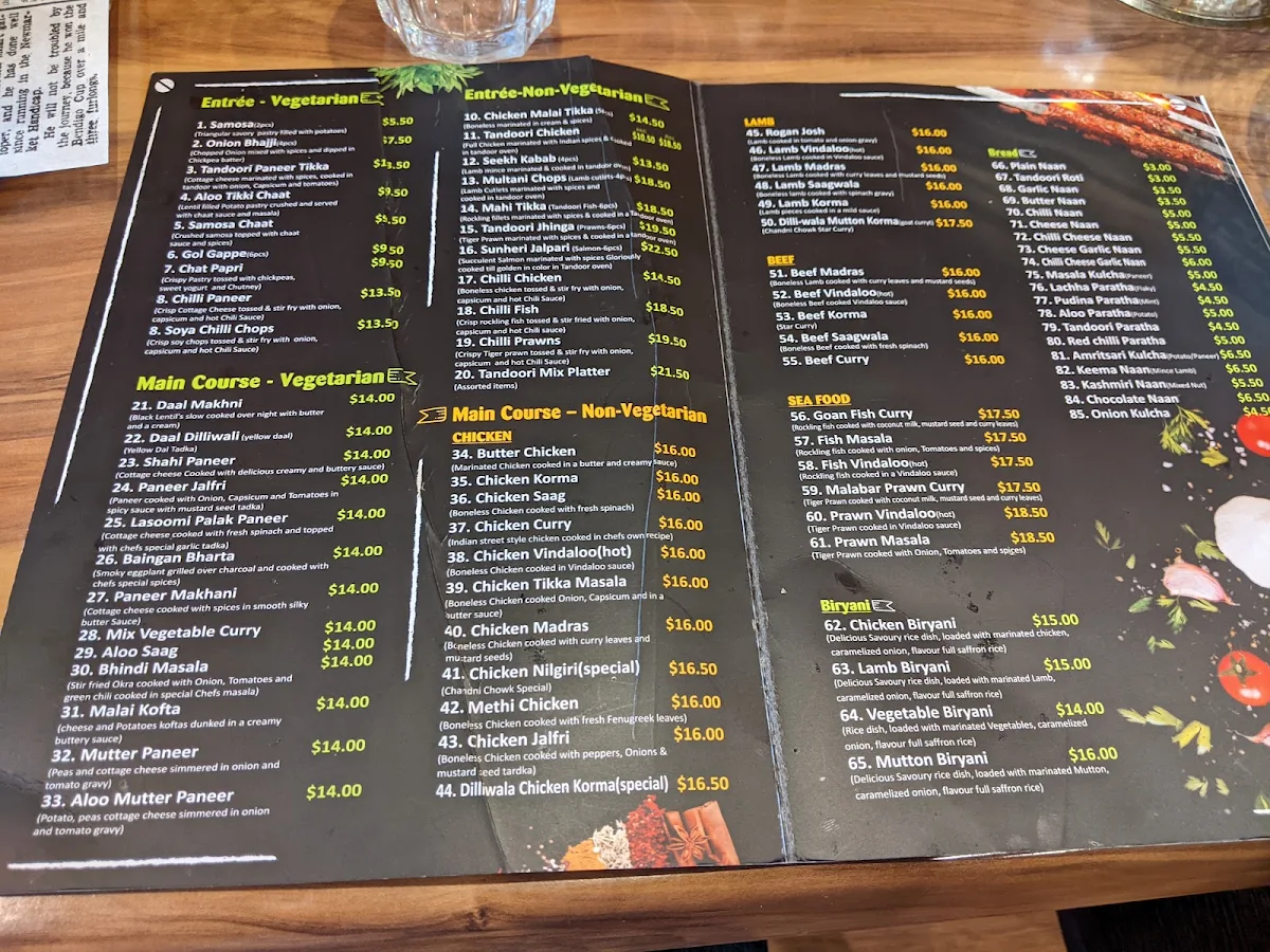 Menu, Chandni Chowk Indian Restaurant