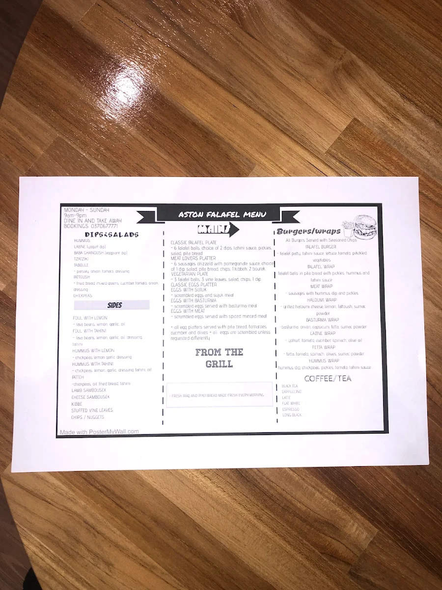 Menu, Aston Falafel