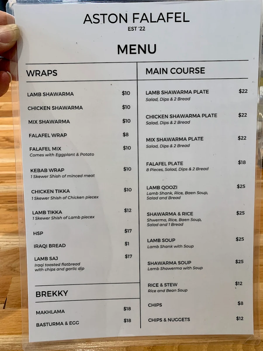 Menu, Aston Falafel