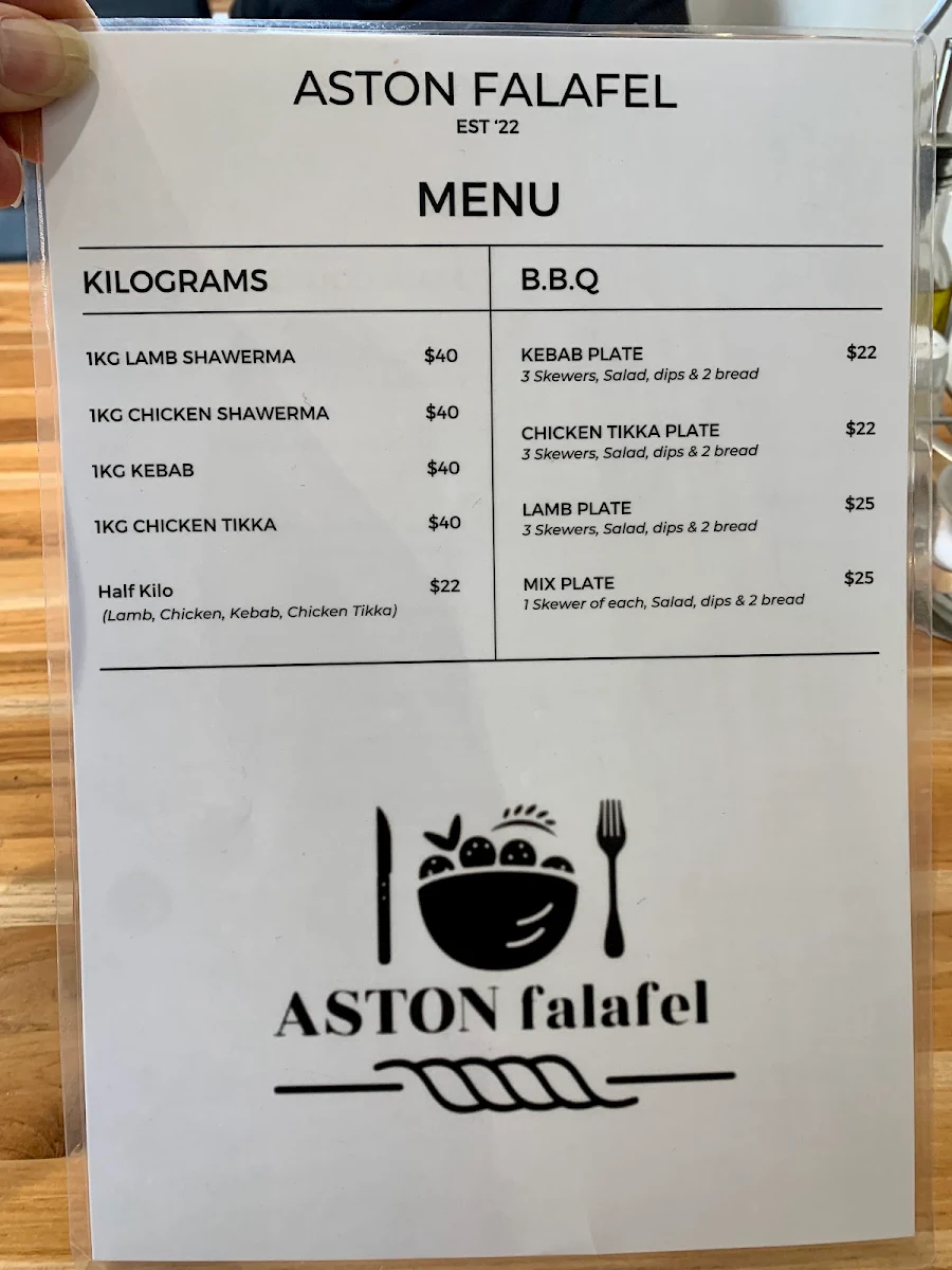 Menu, Aston Falafel