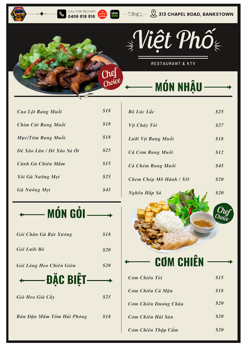 Menu, Viet Pho Restaurant and KTV