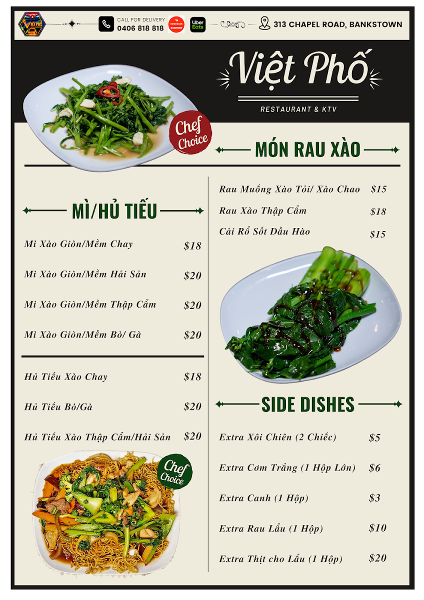 Menu, Viet Pho Restaurant and KTV