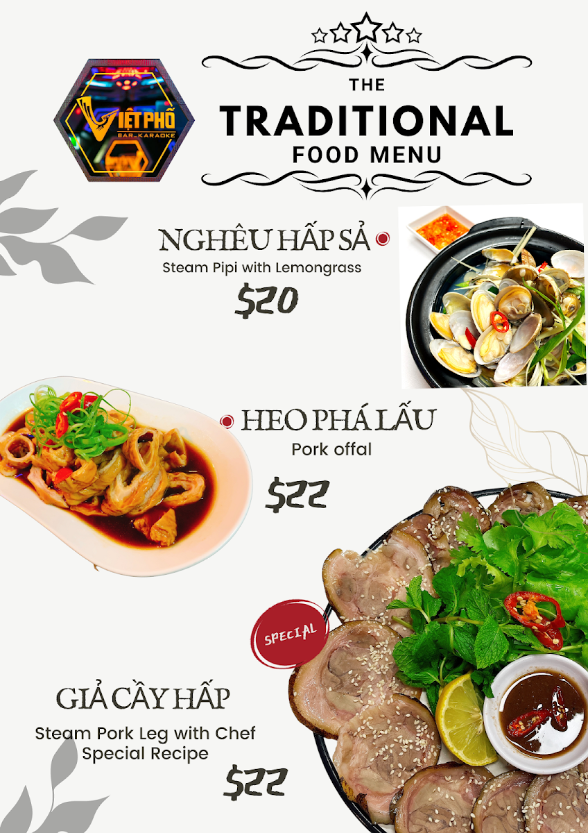 Menu, Viet Pho Restaurant and KTV